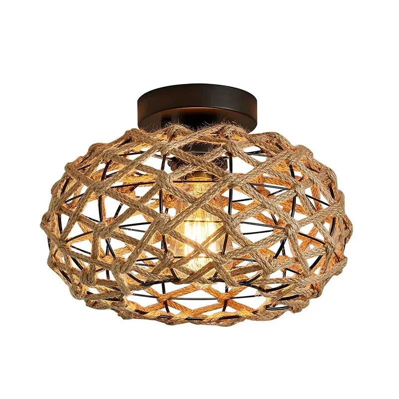 Plafonnier naturel LED en osier et corde de chanvre de style bohème sur fond blanc